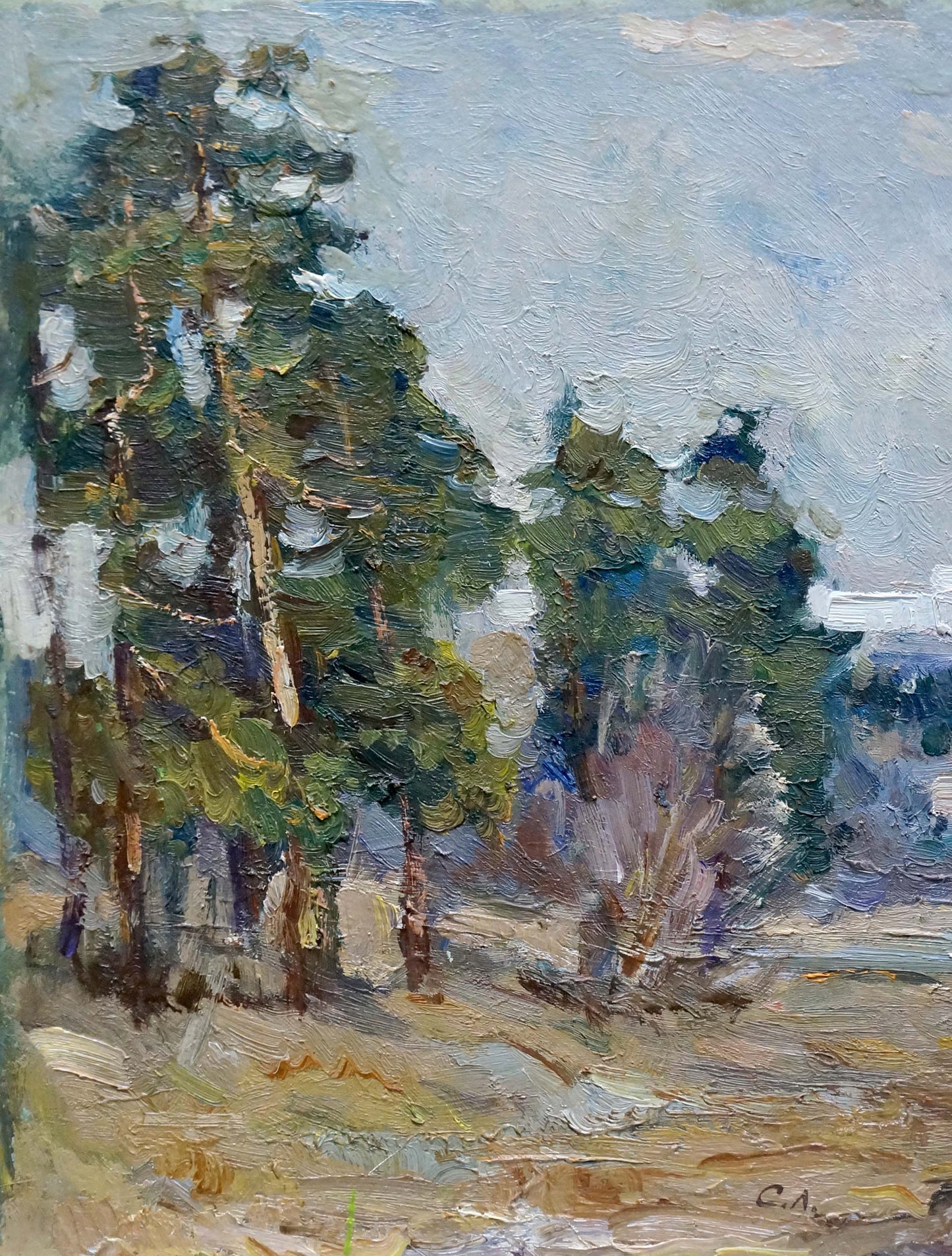 Impressionistic oil painting of tall pine trees in forest outskirts