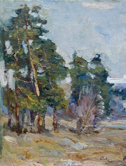 Impressionistic oil painting of tall pine trees in forest outskirts