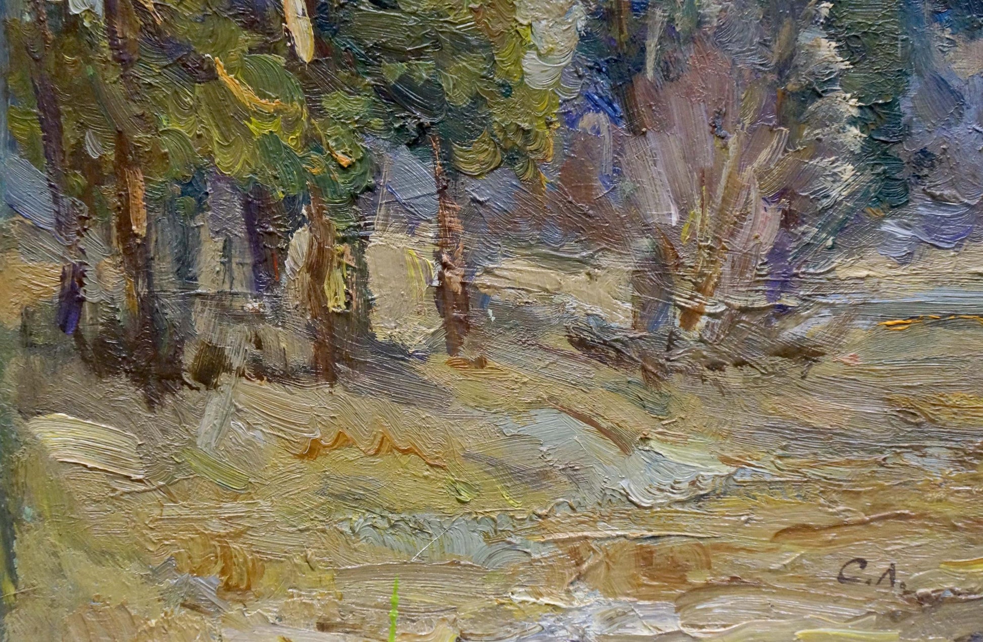 Textured oil painting of forest on the outskirts in earthy greens and browns