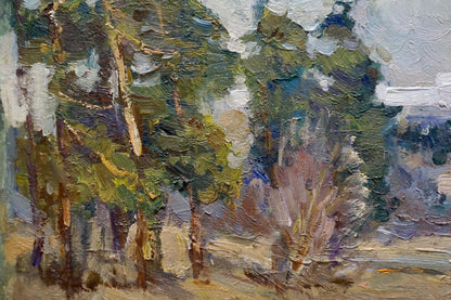Impressionistic oil painting of forest outskirts in greens, browns, blues