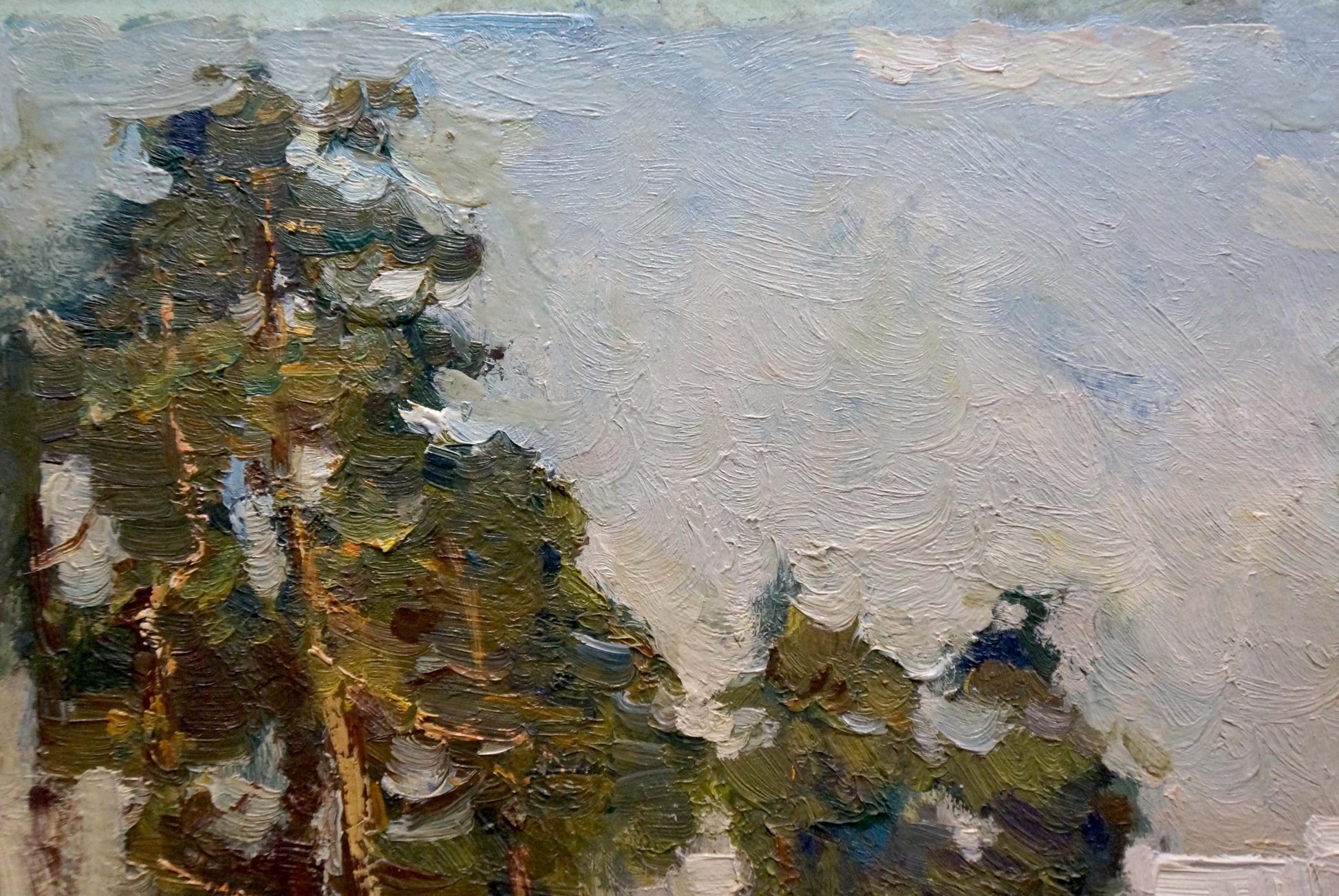 Impressionistic oil painting of textured green brown forest trees on outskirts under cloudy sky