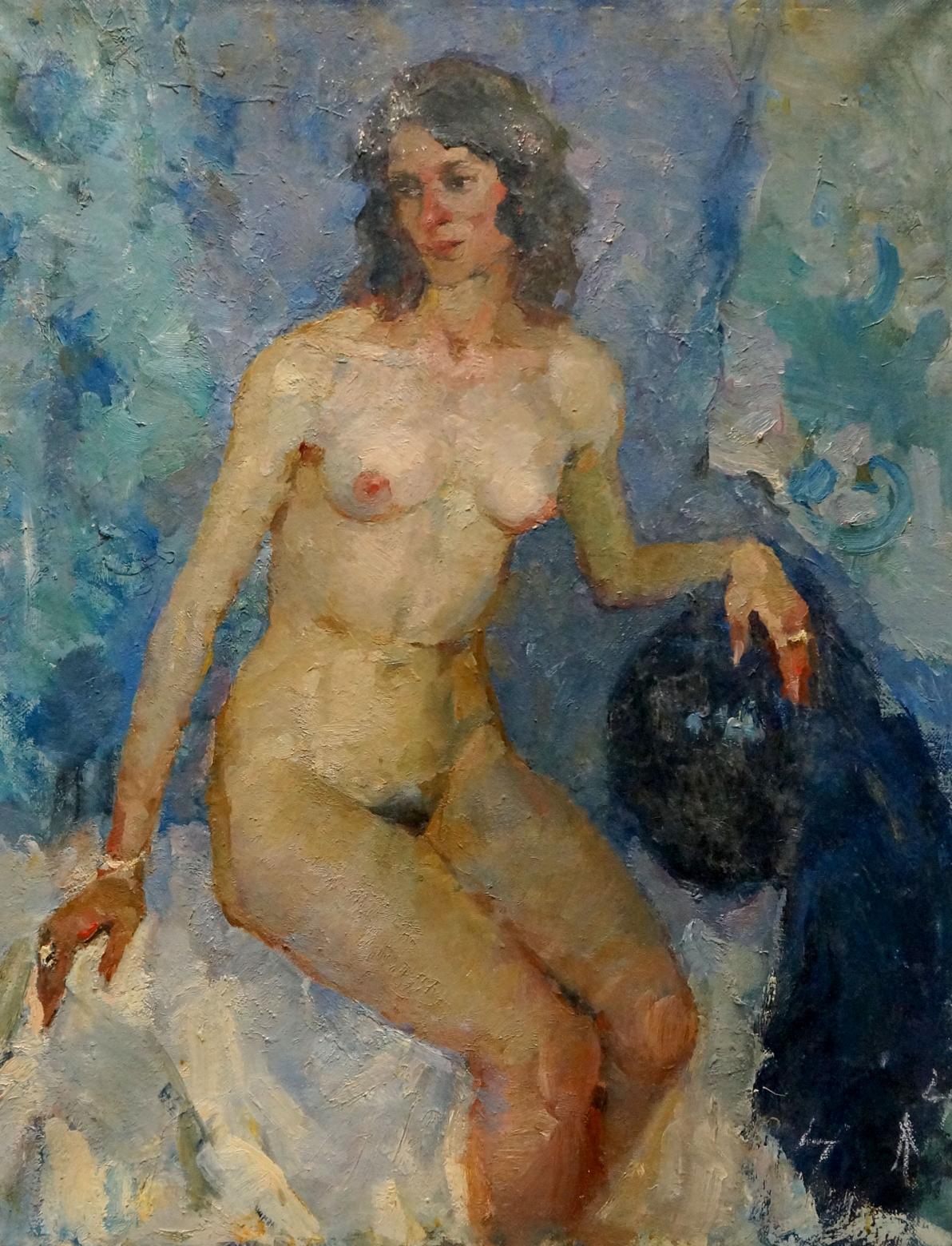 Oil painting portrait of female figure on bed with wavy brown hair by Maria Titarenko