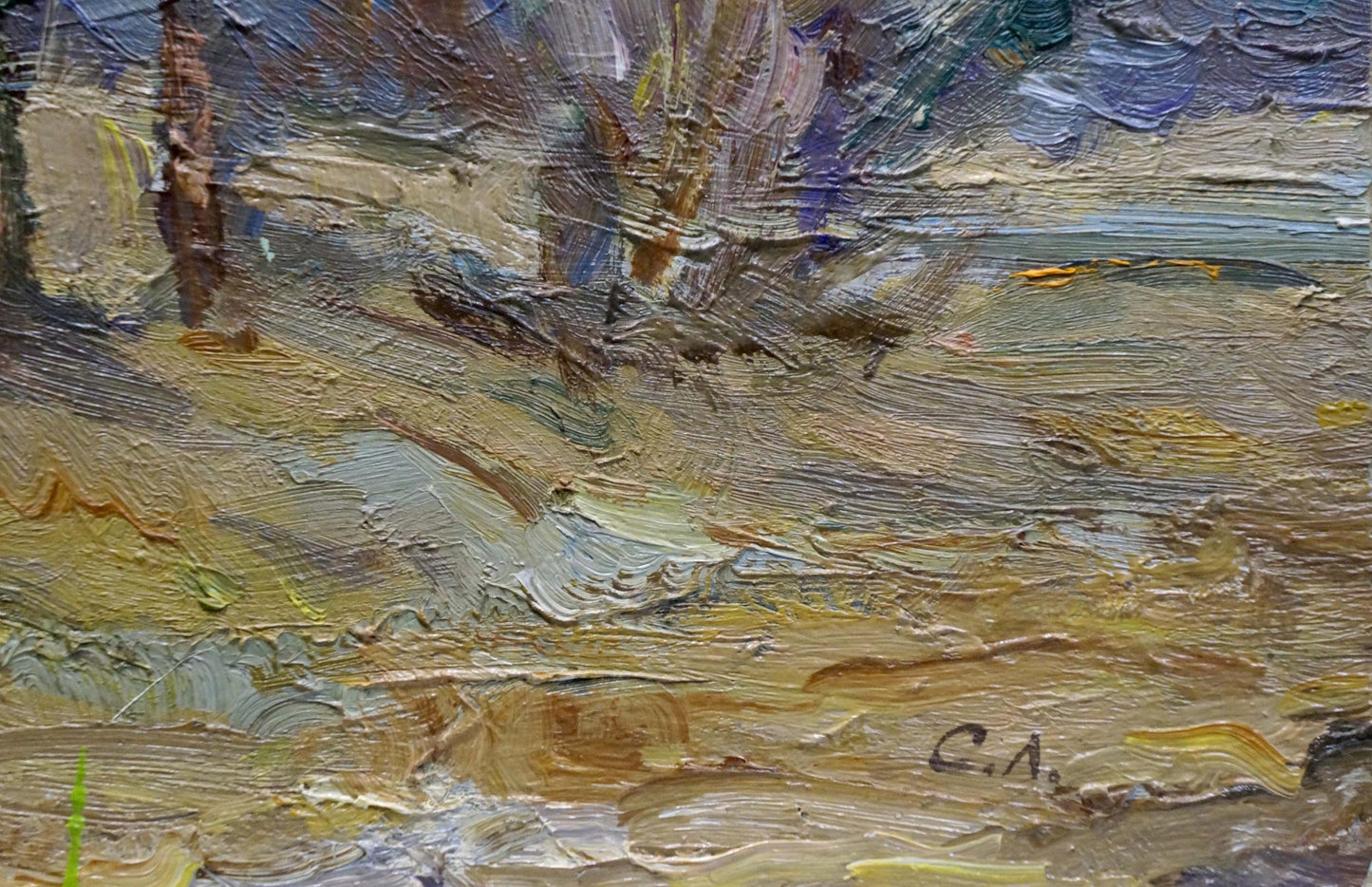 Impressionistic oil painting of forest outskirts in earthy tones