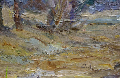 Impressionistic oil painting of forest outskirts in earthy tones