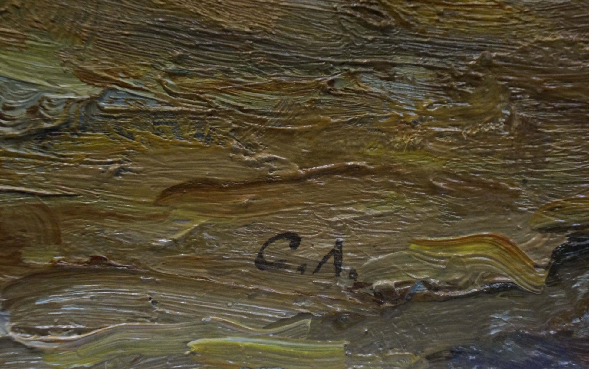 Textured oil painting of forest outskirts in earthy brown and yellow impasto tones