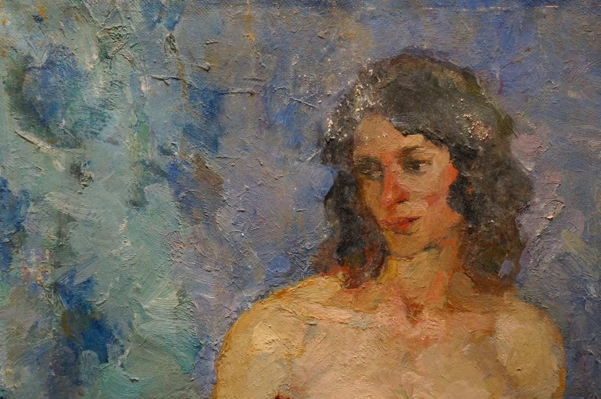 Textured oil painting of undraped Maria Titarenko on bed, wavy hair, blue-green abstract background