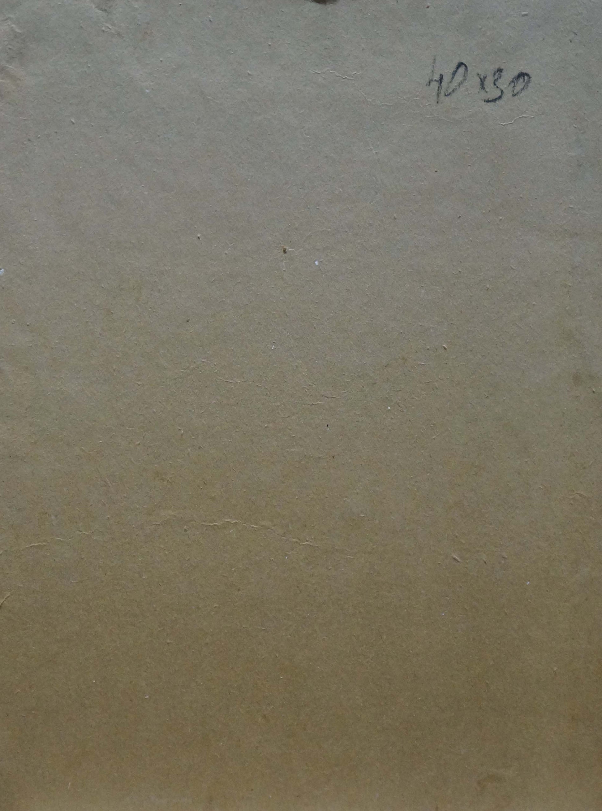 Back of oil painting In the forest on the outskirts, beige textured canvas with faint markings