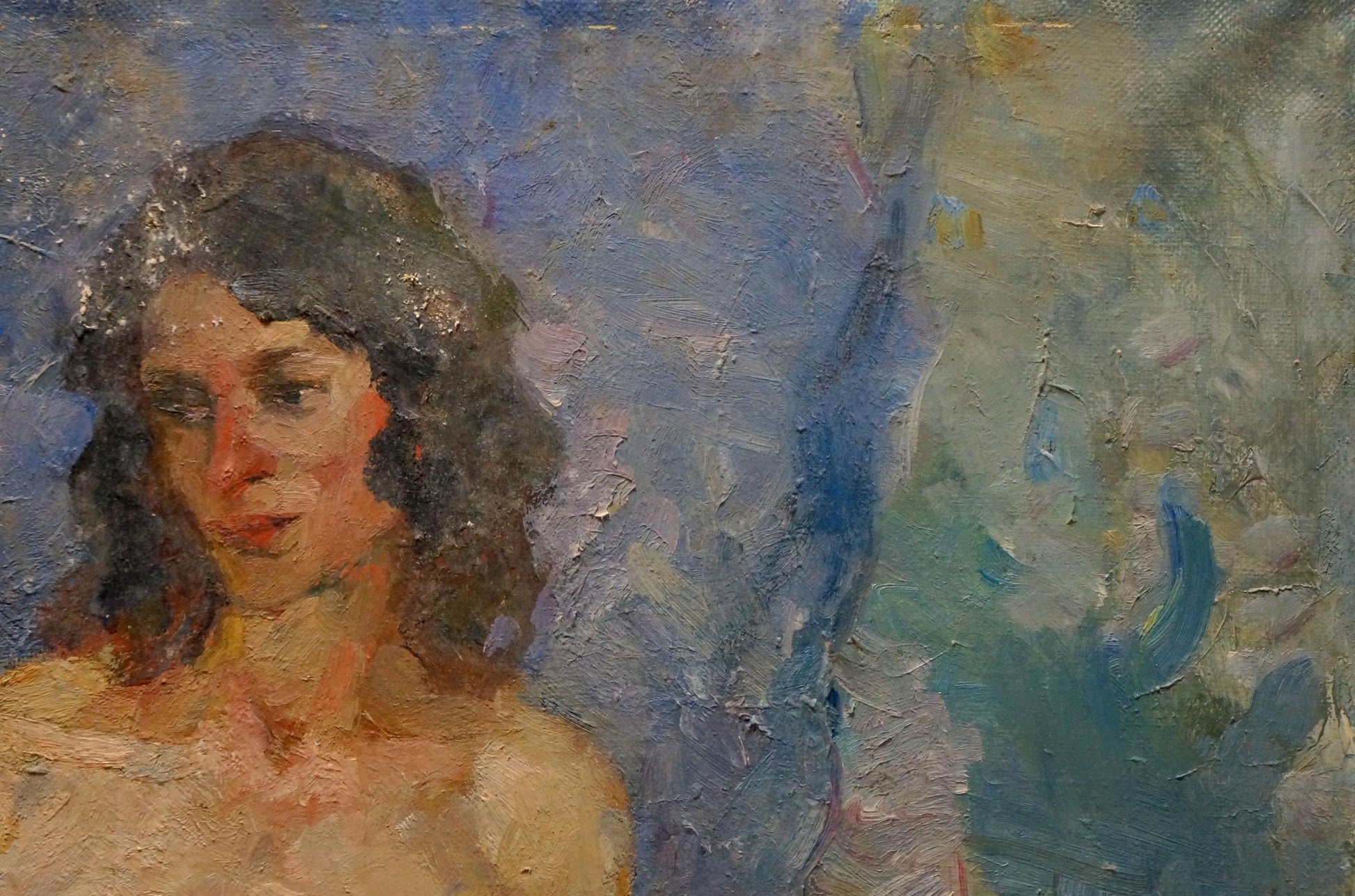 Textured oil painting of figure Maria Titarenko on bed, wavy hair, blue-gray abstract background