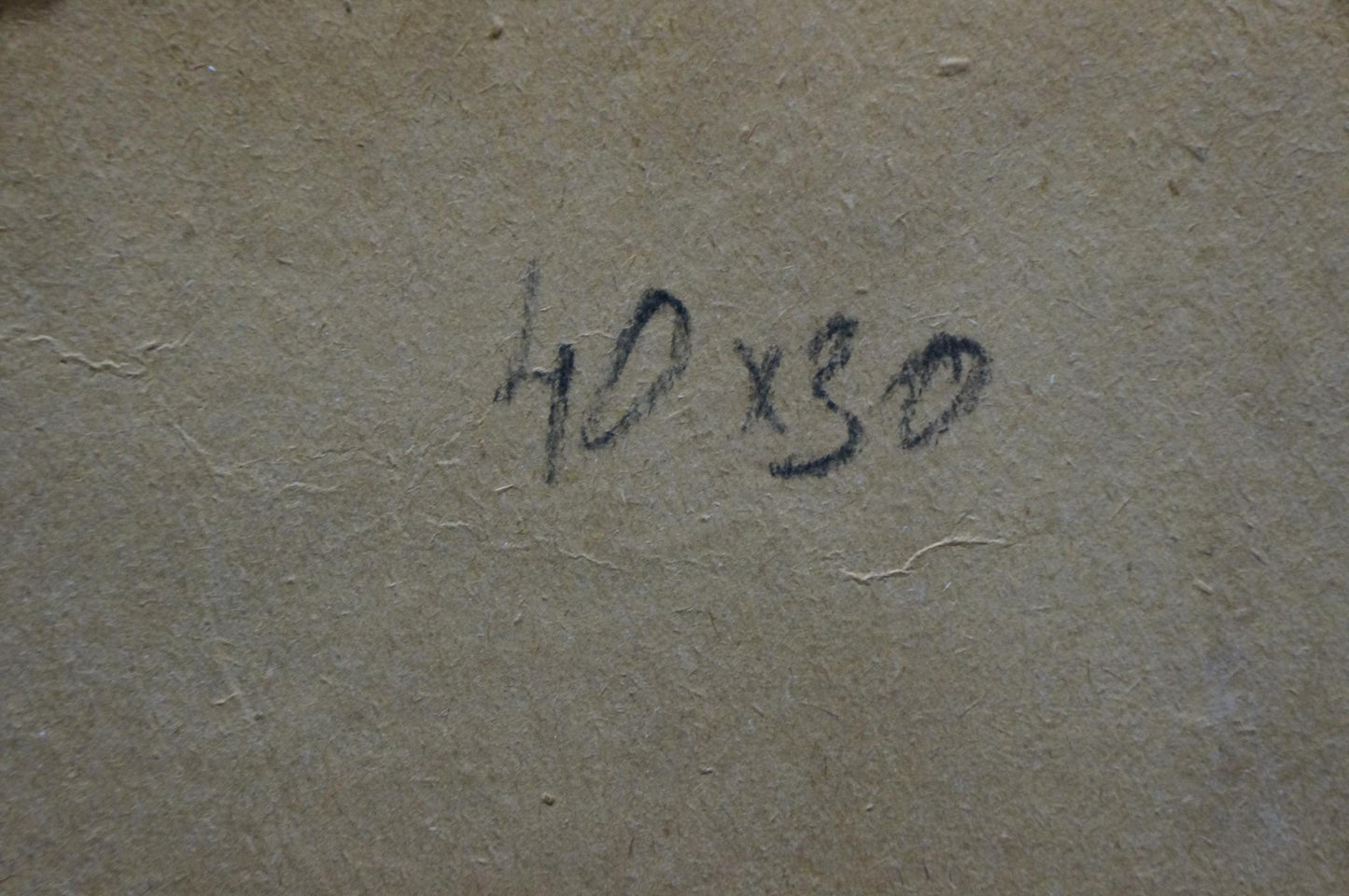Back of Oil painting In the forest on the outskirts: handwritten 40 x 30 inches on beige paper