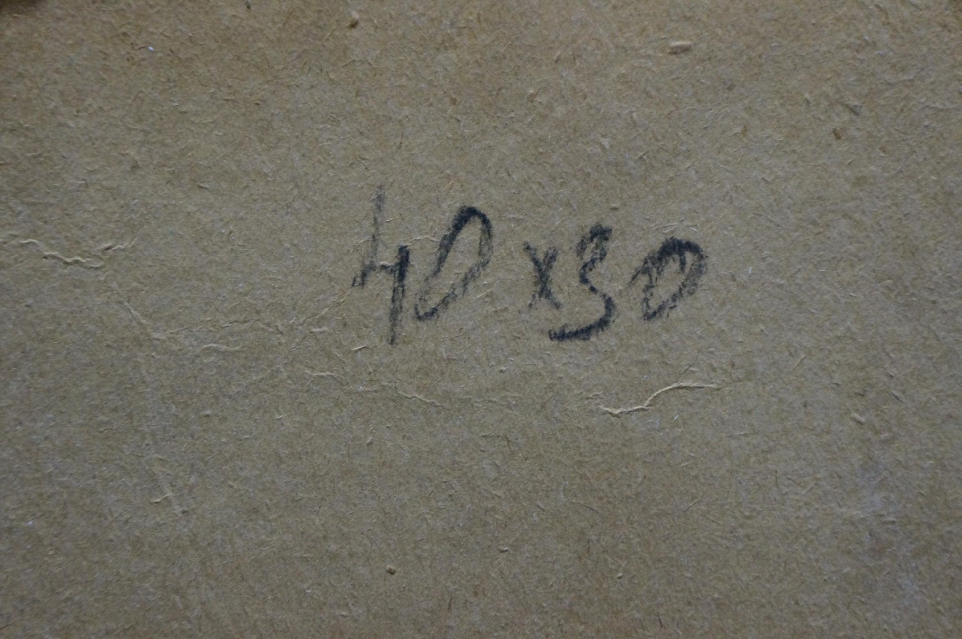 Back of Oil painting In the forest on the outskirts: handwritten 40 x 30 inches on beige paper