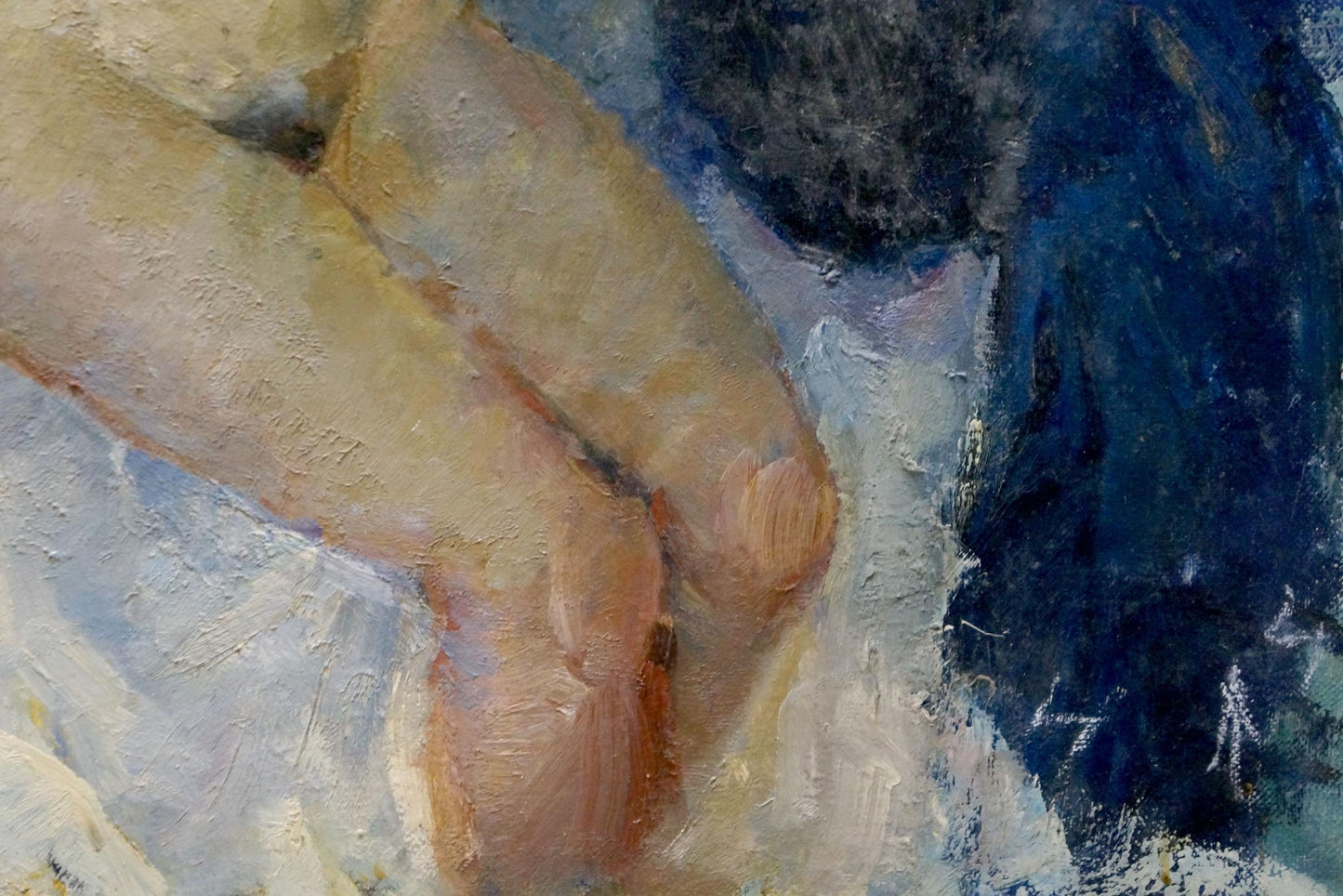 Oil painting by Maria Titarenko of figure legs on bed in beige tones