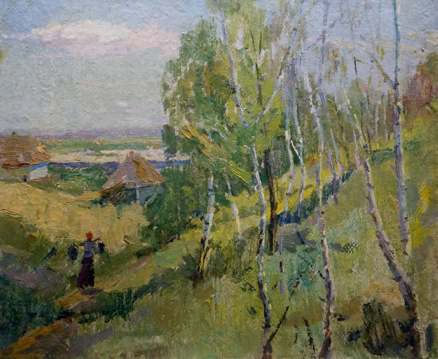 Impressionistic oil painting of birch trees, woods, cottages under soft sky