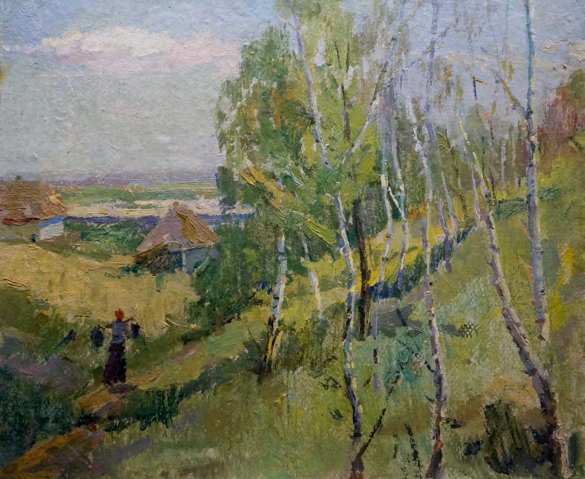 Impressionistic oil painting of birch trees, woods, cottages under soft sky