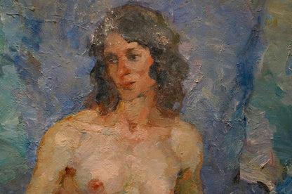 Textured oil painting of figure Maria Titarenko on bed, dark wavy hair