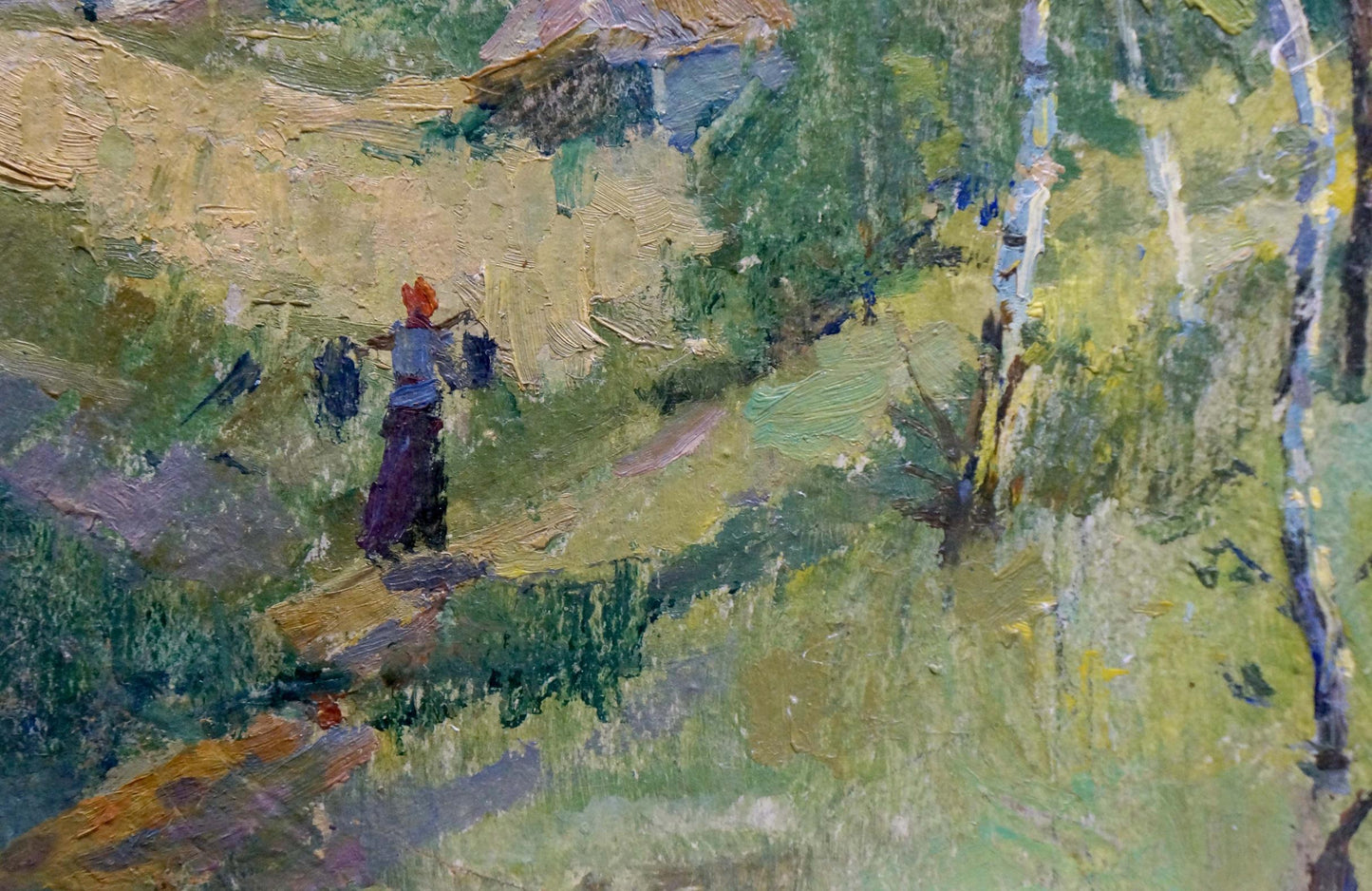 Red-haired woman in blue top in impressionistic oil painting of camping in woods