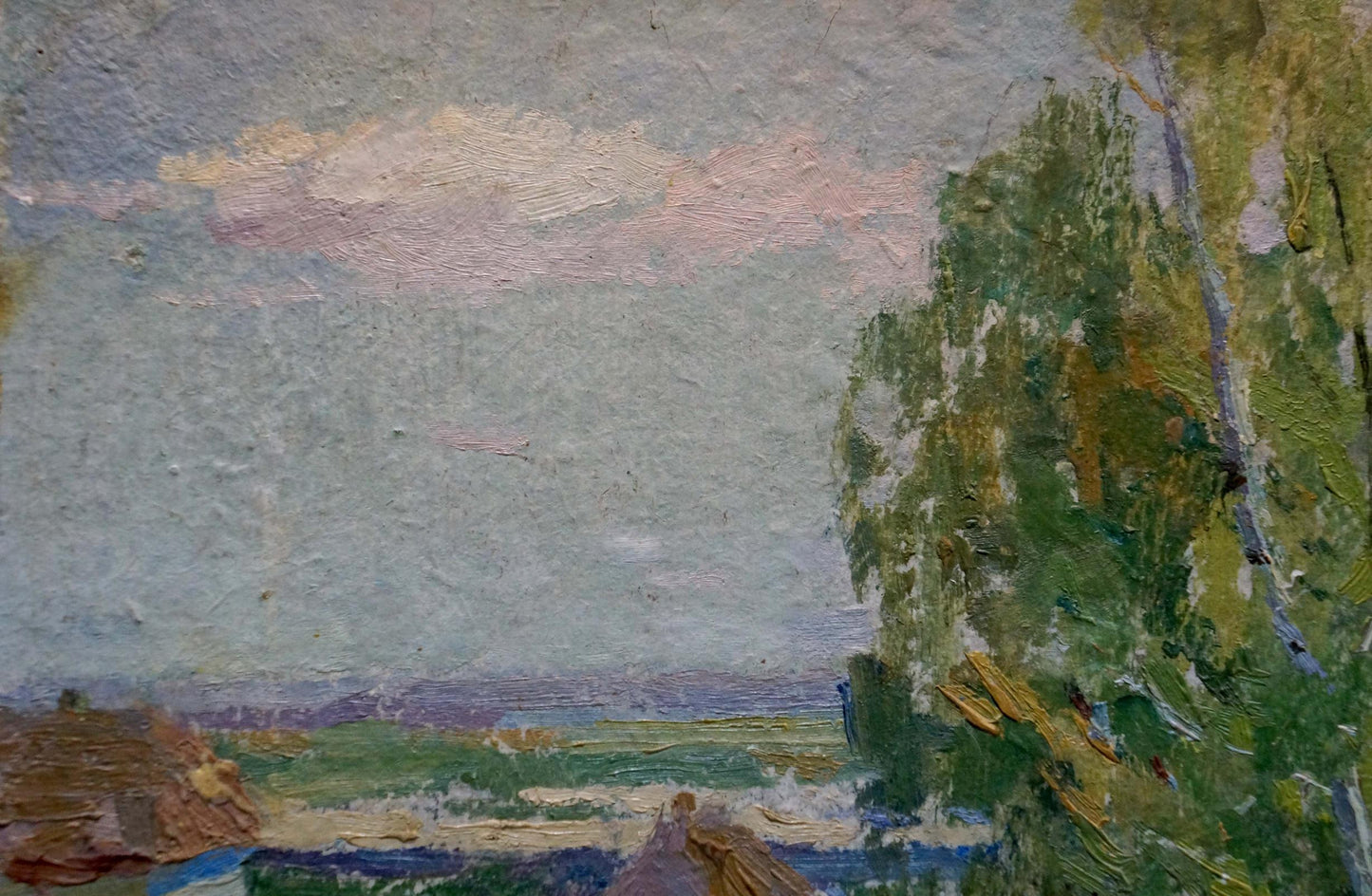 Oil painting of serene camping in lush green woods under pastel skies