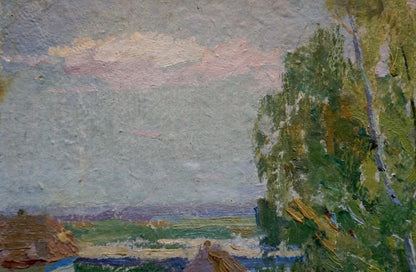 Oil painting of serene camping in lush green woods under pastel skies