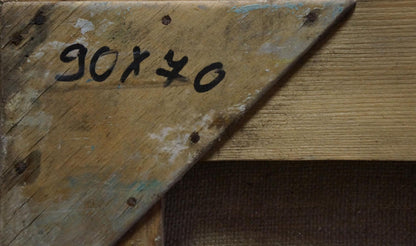 Back of Maria Titarenko oil painting with weathered wooden bracket