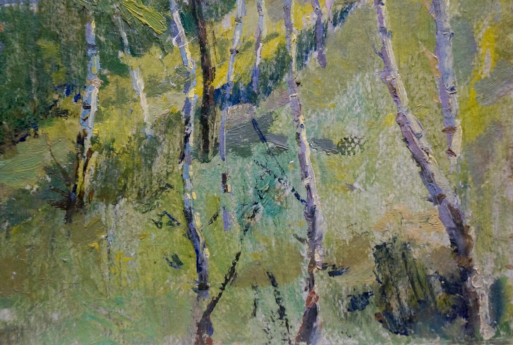 Impressionistic oil painting of birch trees camping in the woods
