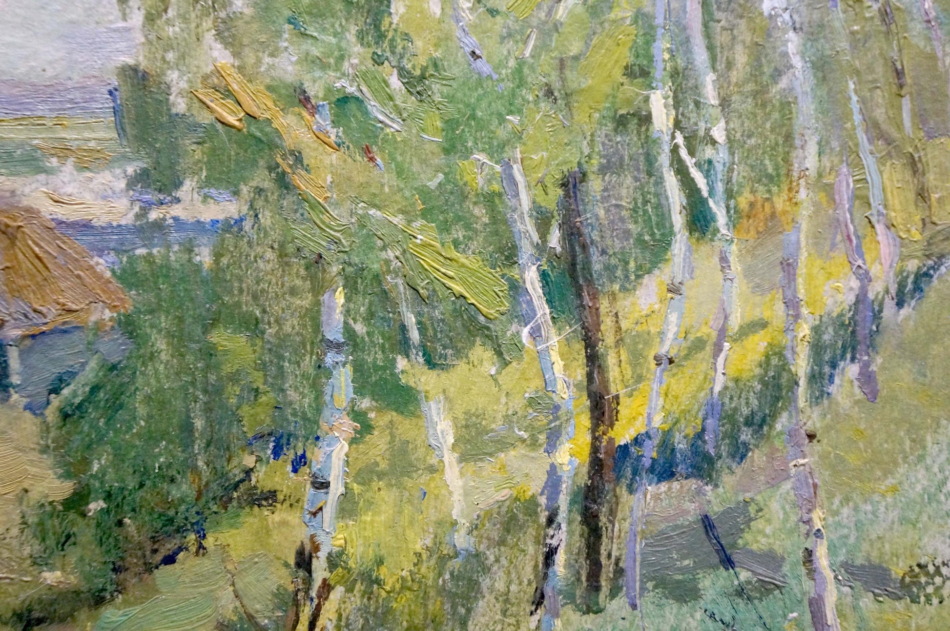 Oil painting of birch trees camping in the woods, thick impasto strokes