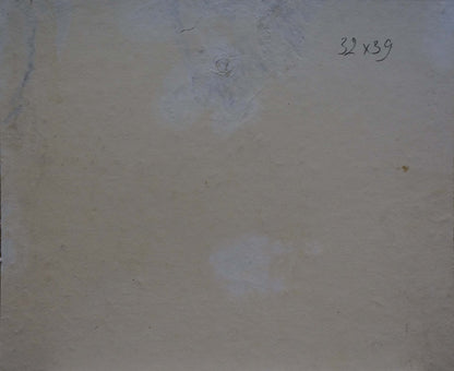 Back of Oil painting Camping in the woods on beige textured paper with 32 x 39 inch dimensions