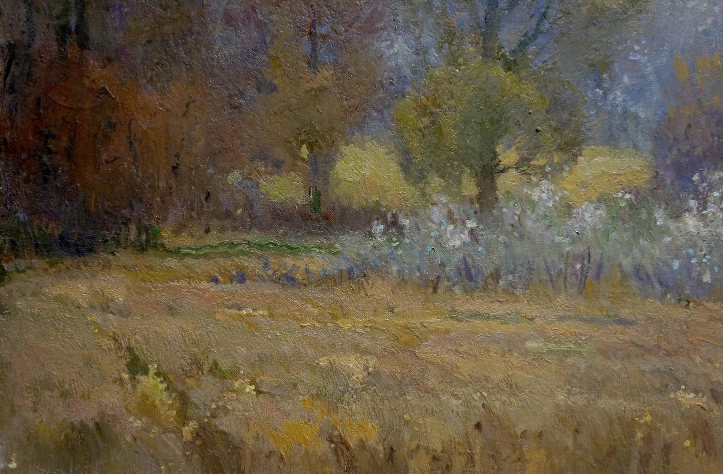 Oil painting Near the forest by Mynka Alexander Fedorovich, autumnal impressionistic landscape