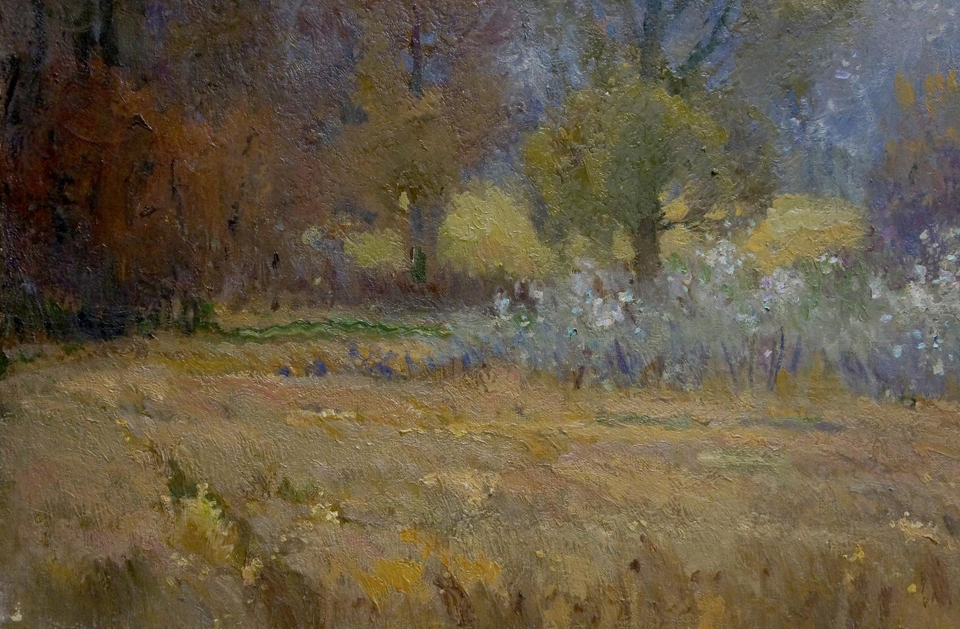 Oil painting Near the forest by Mynka Alexander Fedorovich, autumnal impressionistic landscape