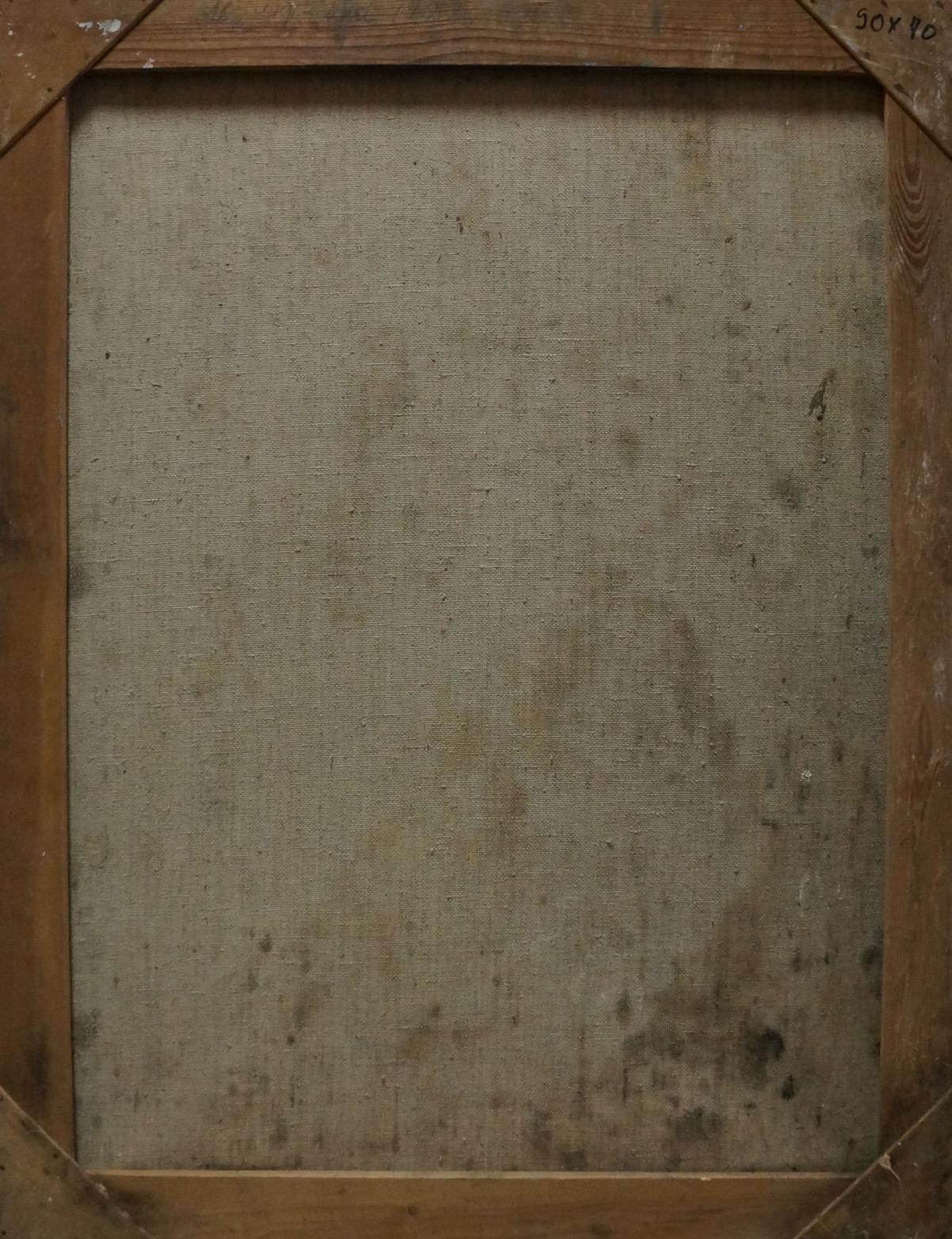 Back of Maria Titarenkos aged wooden-framed oil painting on beige canvas