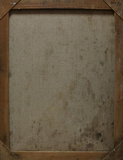 Back of Maria Titarenkos aged wooden-framed oil painting on beige canvas