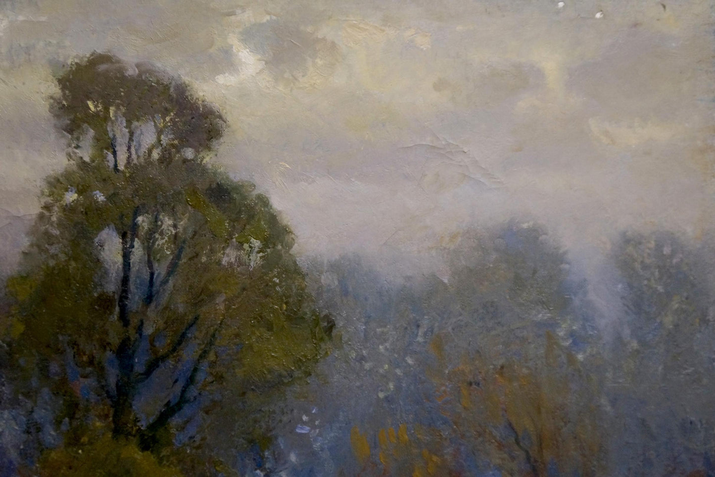 Oil painting Near the forest by Mynka Alexander Fedorovich misty forest scene