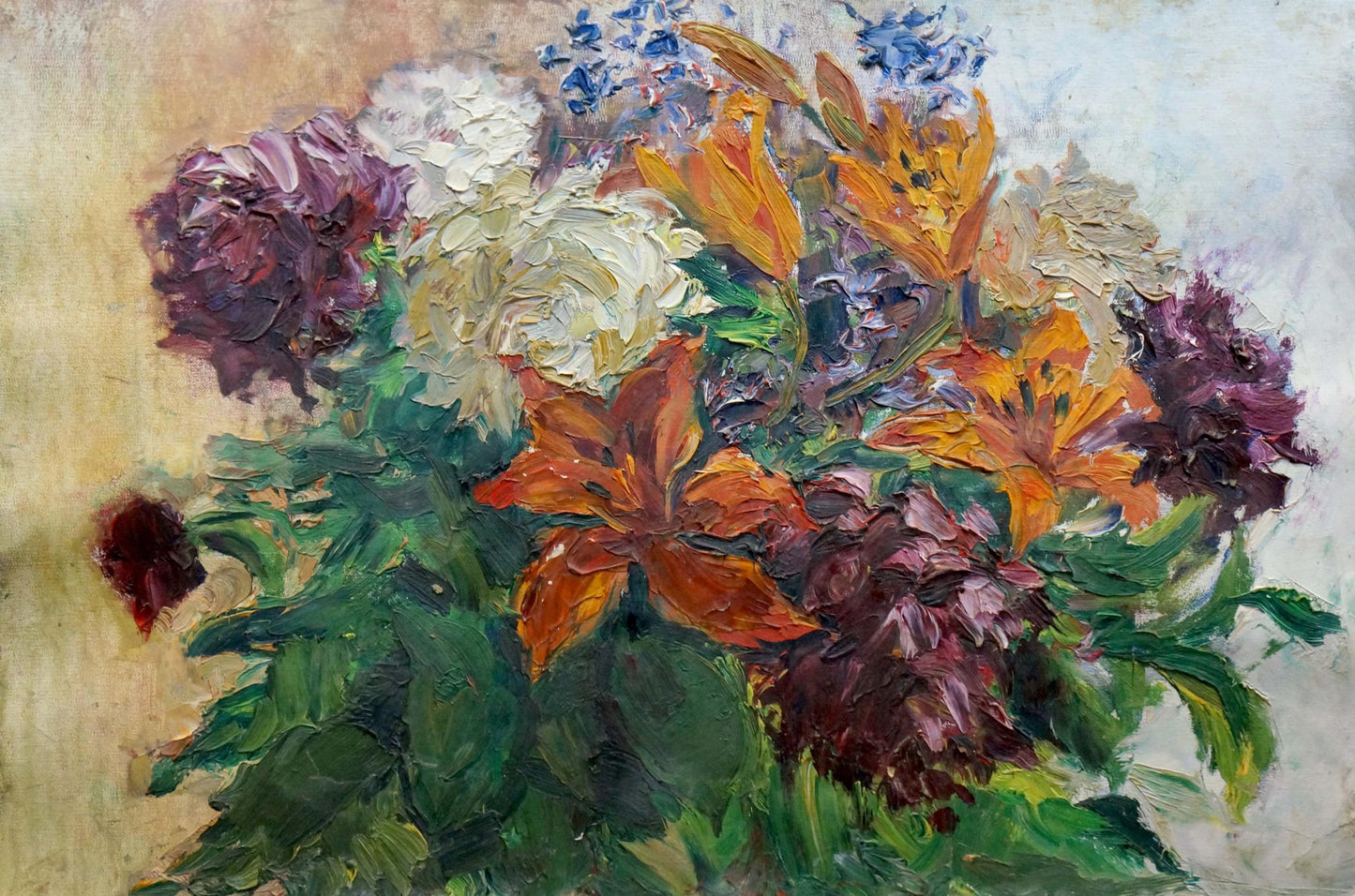 Oil painting by Tkachenko Andrey Zinovievich of orange lilies, purple peonies