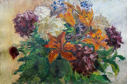 Oil painting by Tkachenko Andrey Zinovievich of orange lilies, purple peonies