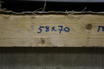 Back of Oil painting Near the forest Mynka Alexander Fedorovich: weathered wooden beam with rusted screws and blue markings