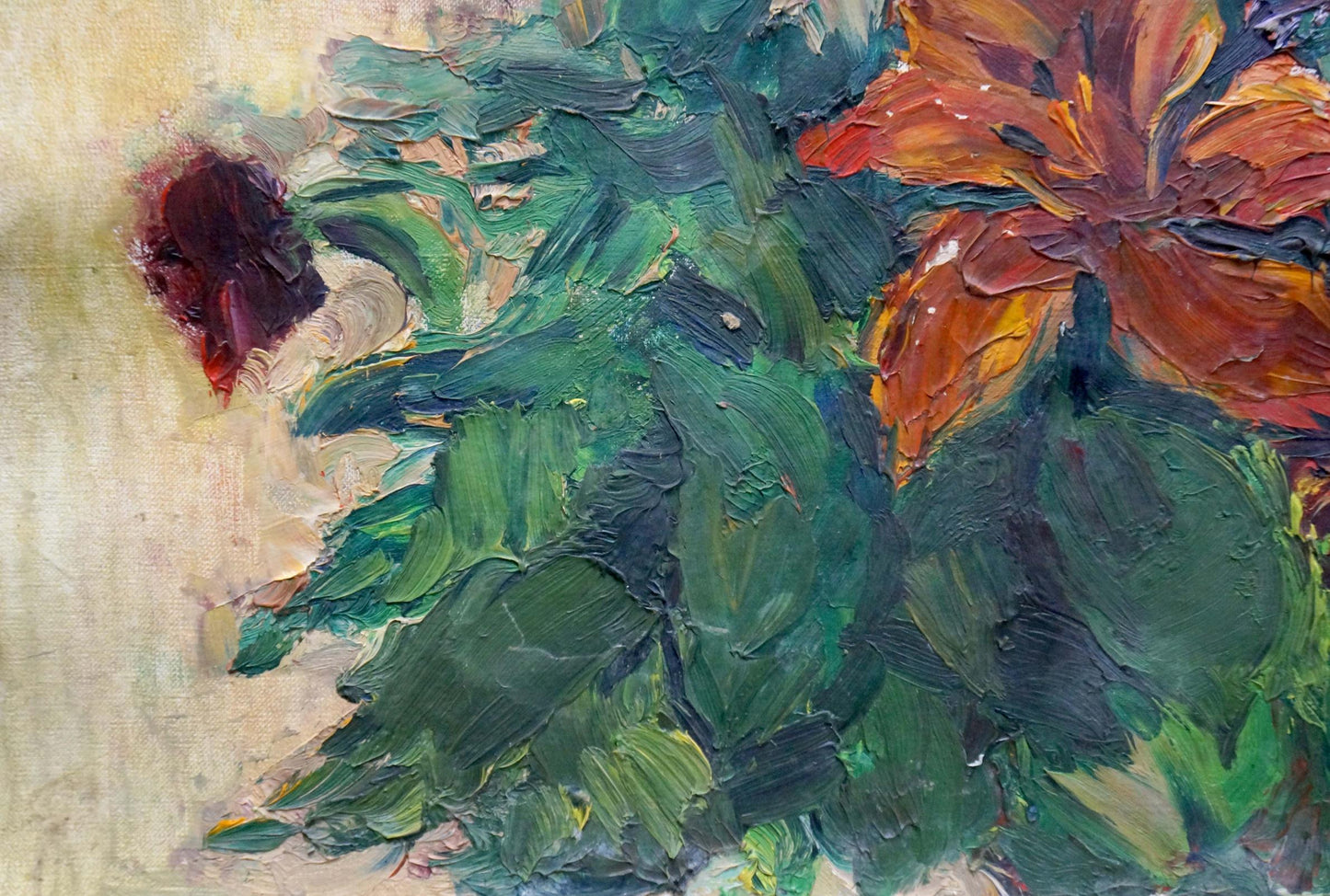 Vibrant orange red flowers with textured green leaves by Tkachenko Andrey Zinovievich oil painting sketch