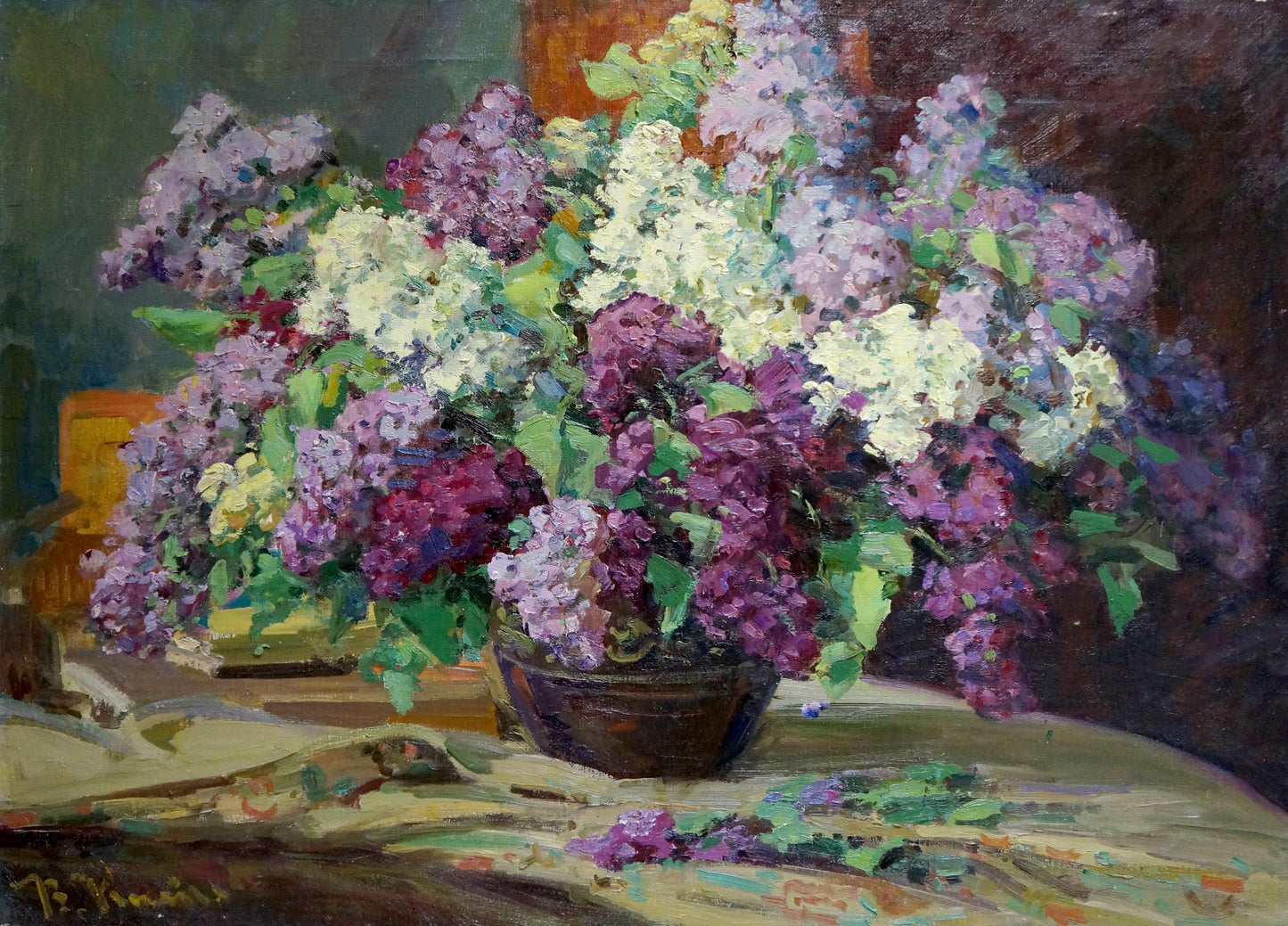 Oil painting of lush lilac bouquet in dark vase by Kisel Ivan Gordeevich