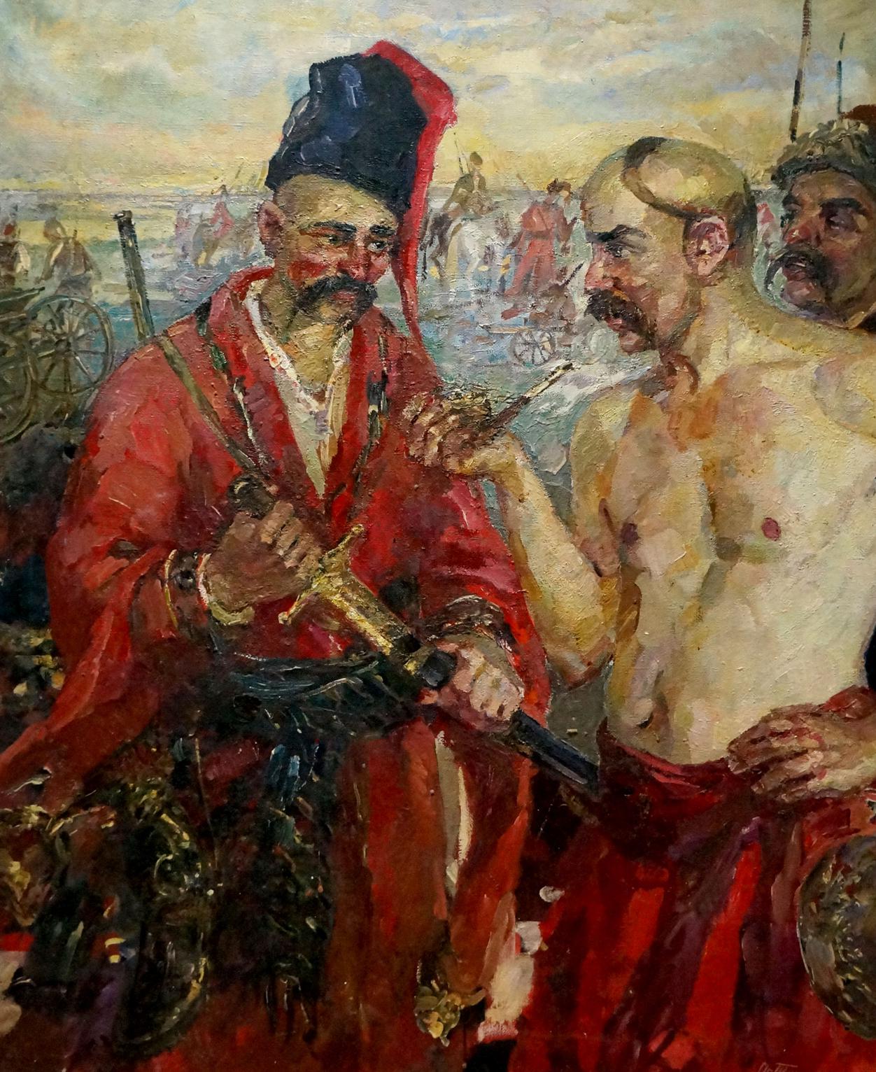 Oil painting of Zaliznyak in red robe holding ornate golden sword on dirt road by Tytarenko Odarka Anatoliivna