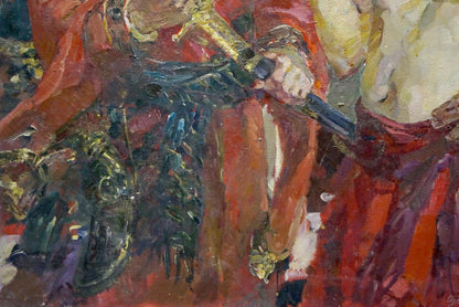 Vibrant impressionistic oil painting of Zaliznyak in red robes with sword on dirt road by Tytarenko Odarka Anatoliivna