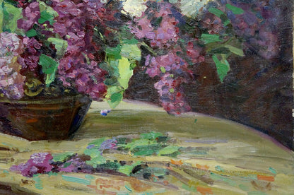 Oil painting of vibrant purple lilac bouquet by Kisel Ivan Gordeevich
