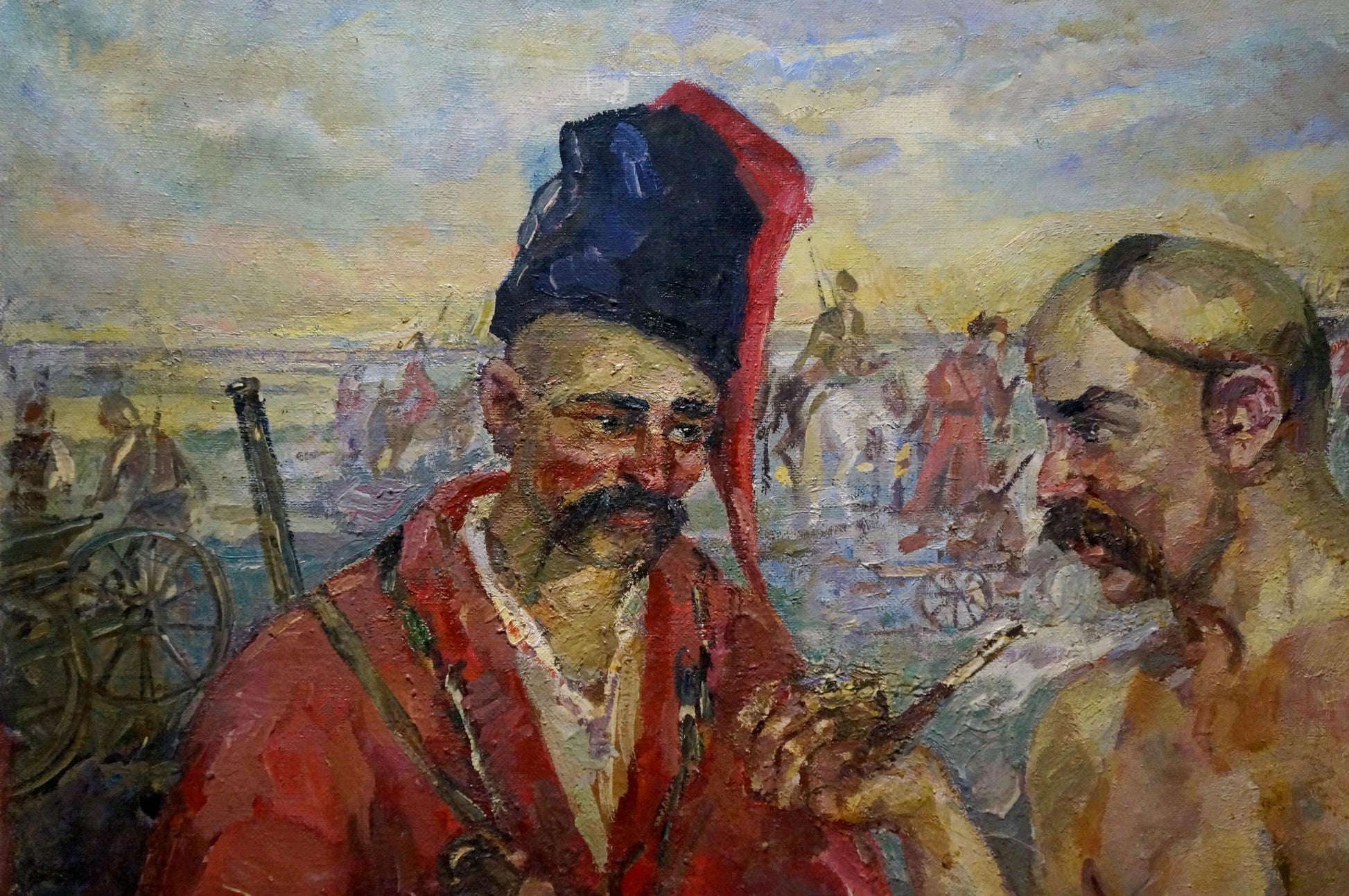 Impressionist oil painting of Zaliznyak in red coat on dirt road by Tytarenko Odarka Anatoliivna