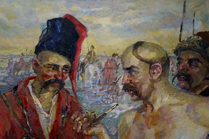Oil painting of Zaliznyak in red-blue hat on dirt road by Tytarenko Odarka Anatoliivna