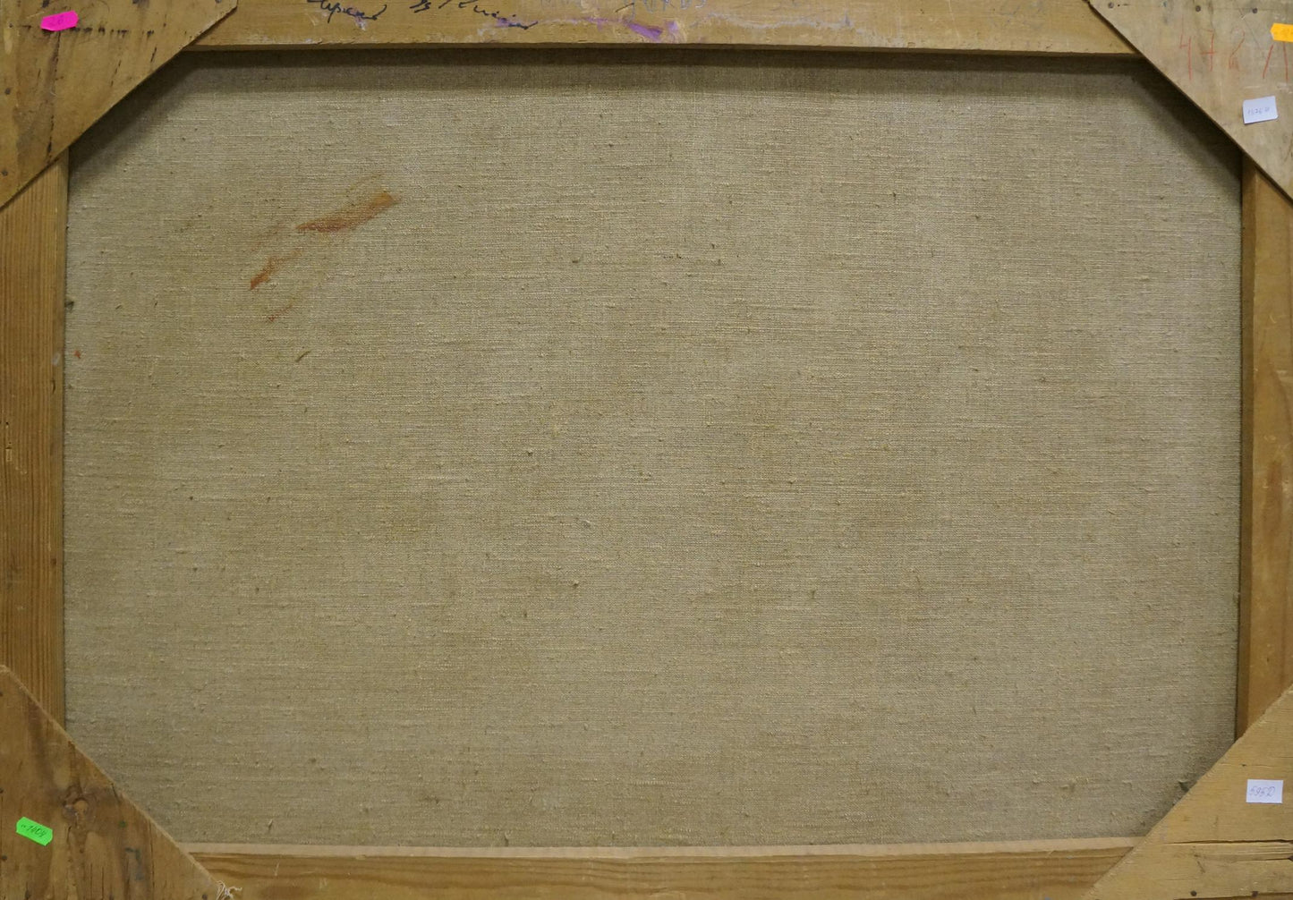 Back of beige canvas stretched taut in wooden frame, Oil painting Lilac bouquet by Kisel Ivan Gordeevich