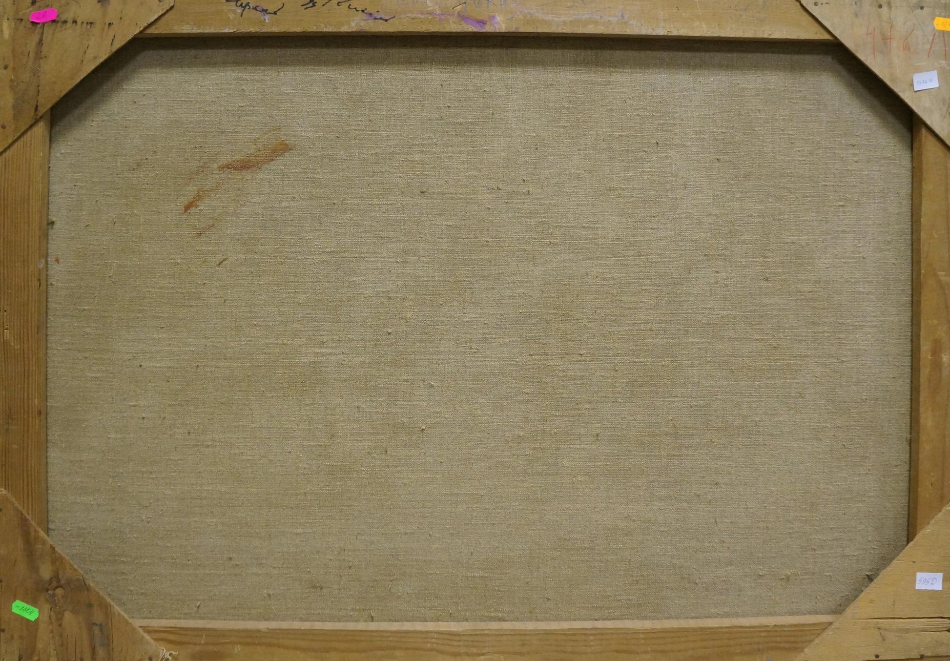 Back of beige canvas stretched taut in wooden frame, Oil painting Lilac bouquet by Kisel Ivan Gordeevich