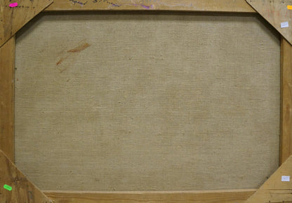 Back of beige canvas stretched taut in wooden frame, Oil painting Lilac bouquet by Kisel Ivan Gordeevich