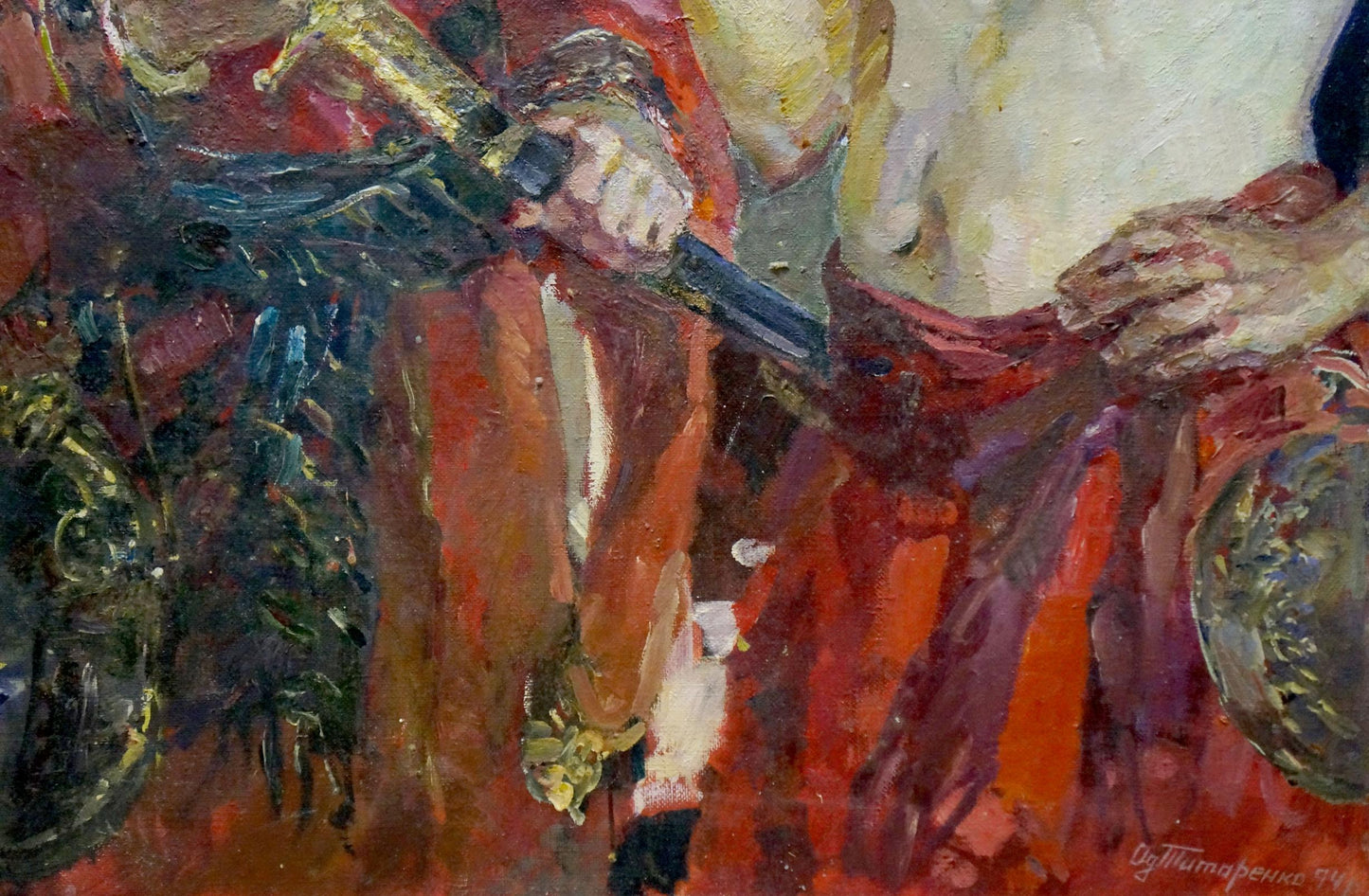 Vibrant impressionistic oil painting of Zaliznyak in red robes with sword on dirt road by Tytarenko Odarka Anatoliivna
