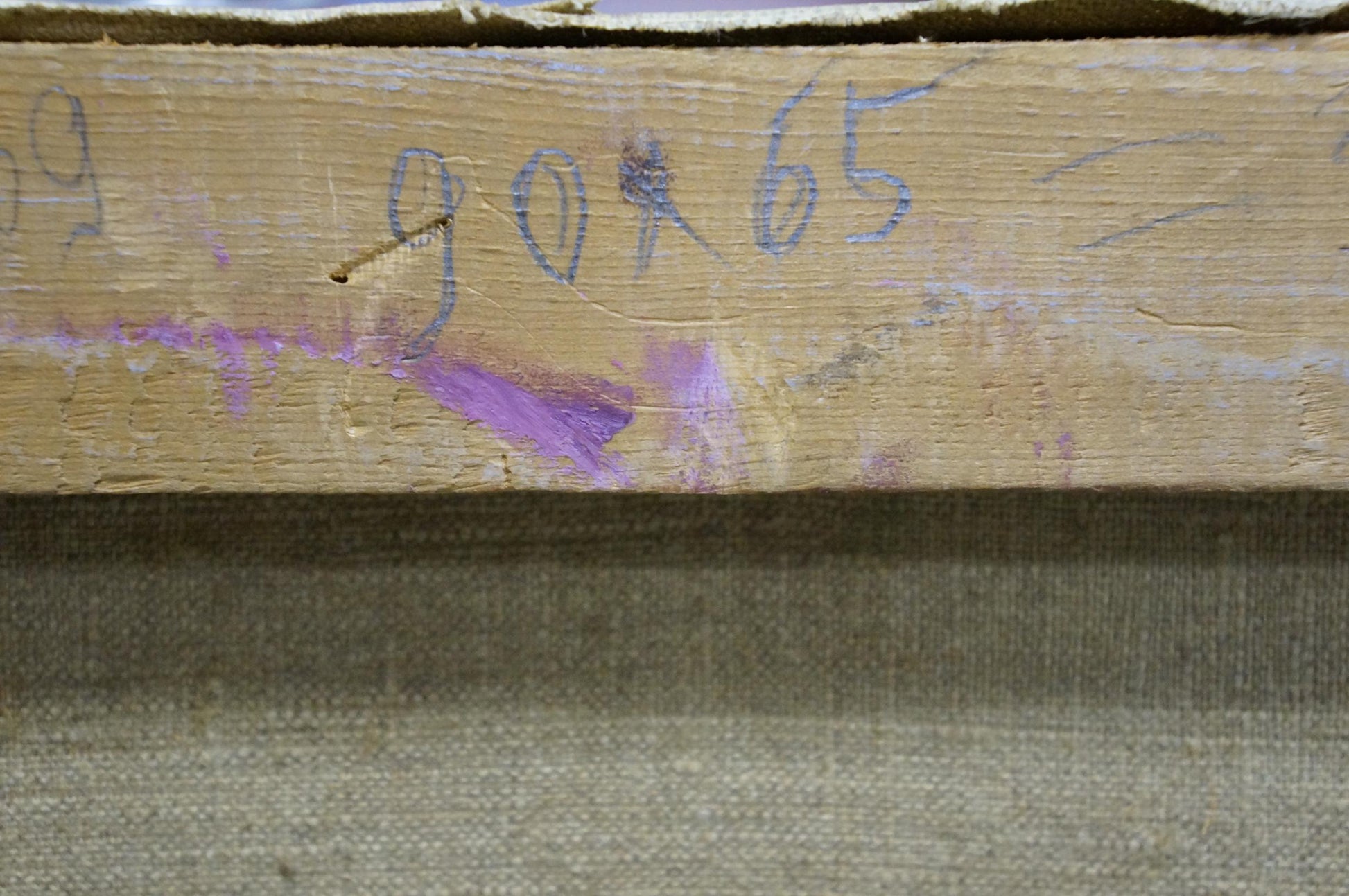 Back of oil painting Lilac bouquet Kisel Ivan Gordeevich with weathered wooden frame faded purple scribbles and blue measurements