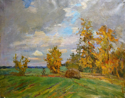 Oil painting Cloudy autumn day by V. Gavrilov, vibrant trees and sky