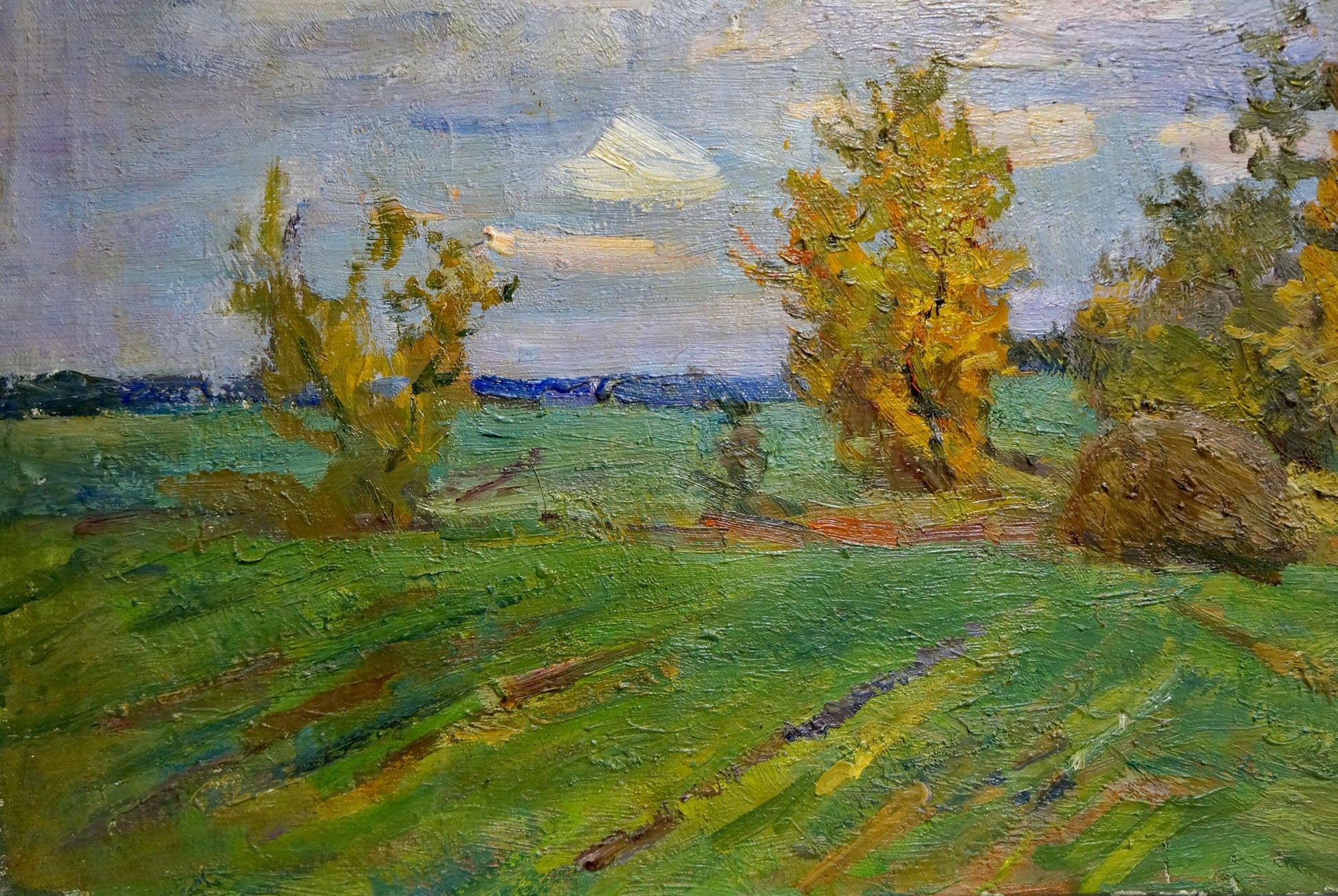 Oil painting Cloudy autumn day by V. Gavrilov: green field, golden trees, blue sky