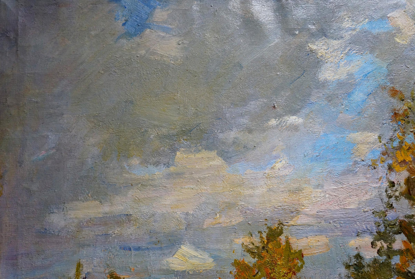 Oil painting Cloudy autumn day by V. Gavrilov with blue sky and golden trees