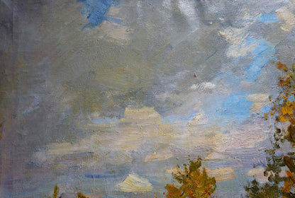 Oil painting Cloudy autumn day by V. Gavrilov with blue sky and golden trees