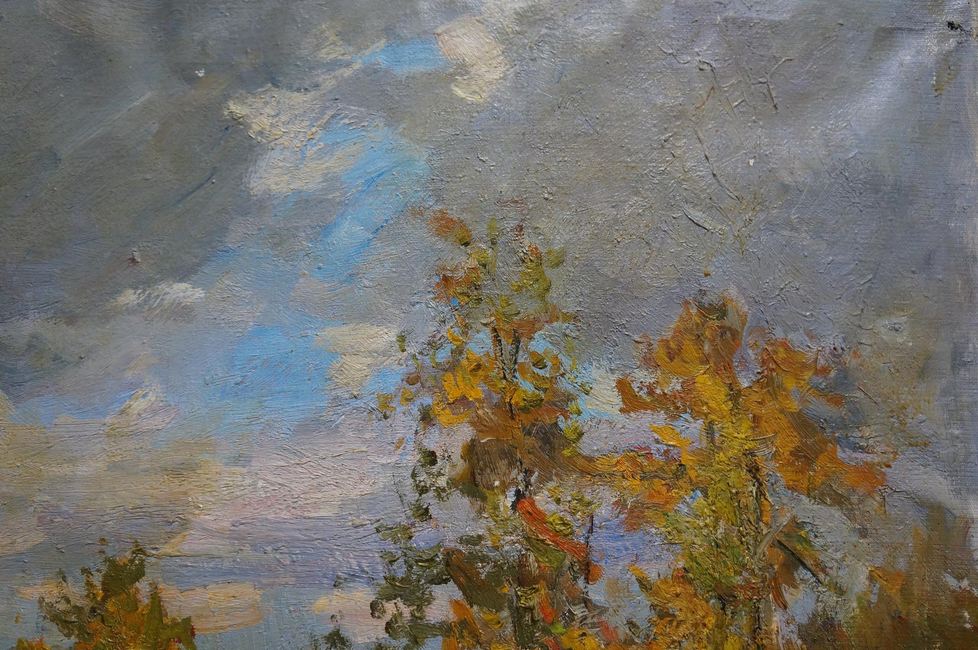 Oil painting Cloudy autumn day by V. Gavrilov, vibrant orange trees under cloudy sky